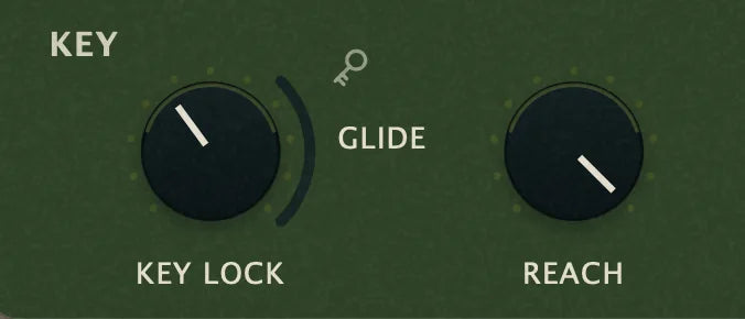Nyra's Key section: the Key Lock and Reach knobs with the Glide control between them