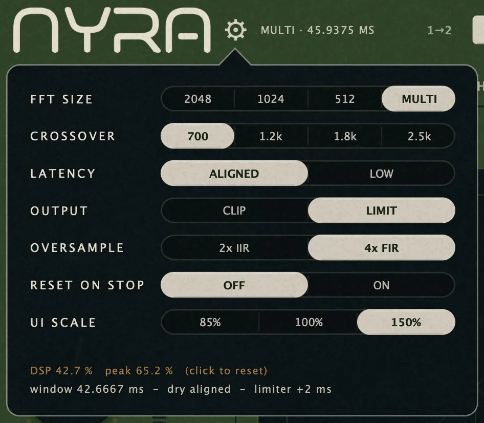 Nyra's settings panel: FFT size, crossover, latency, output, oversampling and UI scale, with a live DSP readout